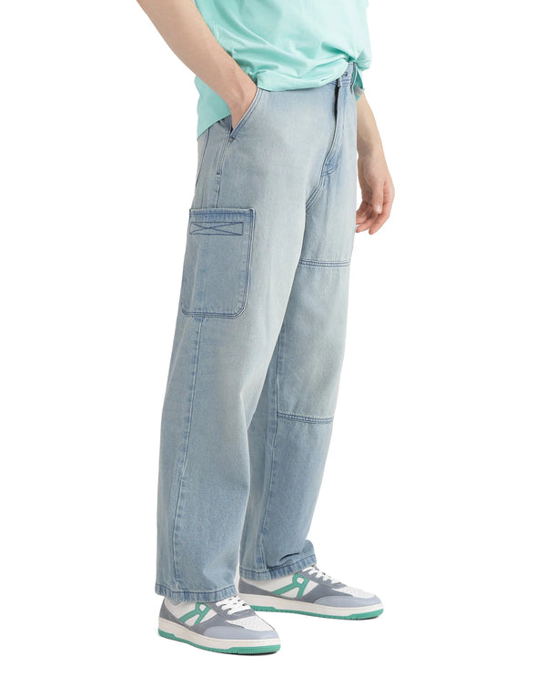 Rare Rabbit Men's Ruei Light Blue Cotton Fabric Baggy Fit Plain Jeans