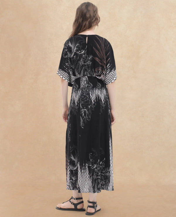 Rareism Women Rufus Black Polyester Fabric Short Sleeves Round Neck Relaxed Fit Abstract Print Midi Dress
