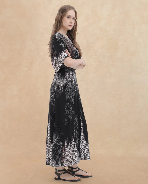 Rareism Women Rufus Black Polyester Fabric Short Sleeves Round Neck Relaxed Fit Abstract Print Midi Dress
