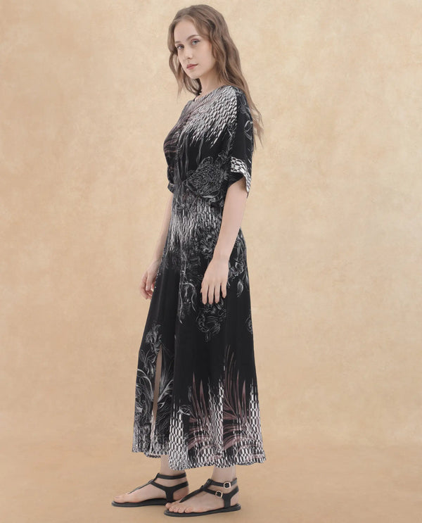 Rareism Women Rufus Black Polyester Fabric Short Sleeves Round Neck Relaxed Fit Abstract Print Midi Dress