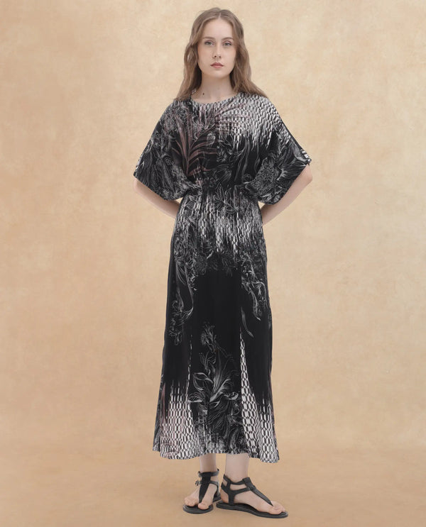 Rareism Women Rufus Black Polyester Fabric Short Sleeves Round Neck Relaxed Fit Abstract Print Midi Dress