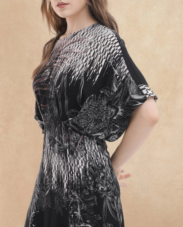 Rareism Women Rufus Black Polyester Fabric Short Sleeves Round Neck Relaxed Fit Abstract Print Midi Dress