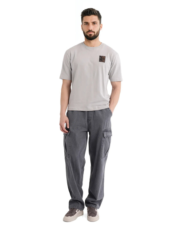 Rare Rabbit Men Rugy Grey Cotton Fabric Short Sleeve Crew Neck Qlo Fit Graphic Back Print T-Shirt