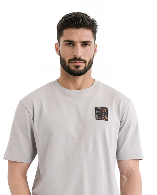 Rare Rabbit Men Rugy Grey Cotton Fabric Short Sleeve Crew Neck Qlo Fit Graphic Back Print T-Shirt
