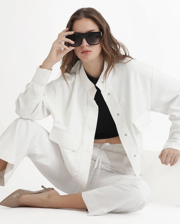 Rareism Women Ruks Off White Velvet Full Sleeves Solid High Neck Jacket