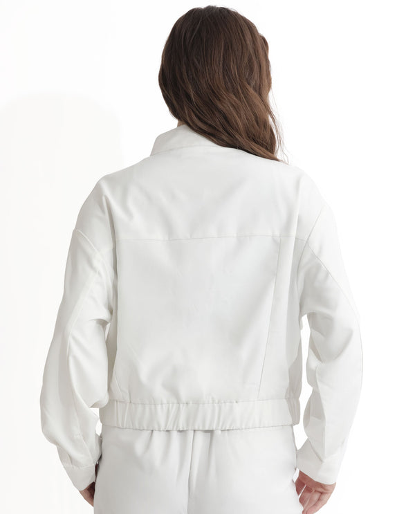 Rareism Women Ruks Off White Velvet Full Sleeves Solid High Neck Jacket