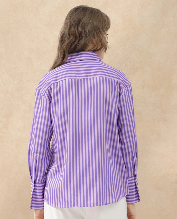 Rareism Women Runio Dusky Purple Polyester Fabric Full Sleeves Button Closure Shirt Collar Cuffed Sleeve Regular Fit Striped Shirt