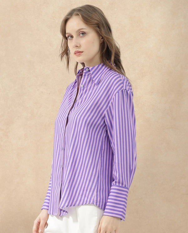 Rareism Women Runio Dusky Purple Polyester Fabric Full Sleeves Button Closure Shirt Collar Cuffed Sleeve Regular Fit Striped Shirt