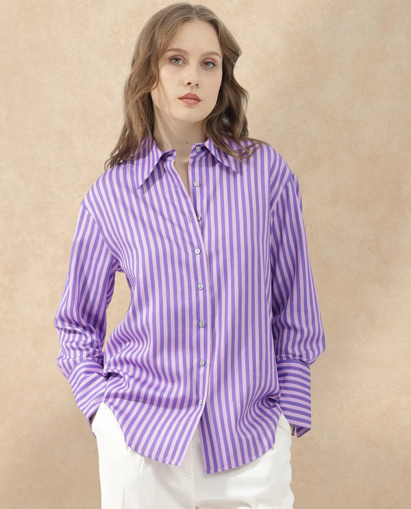 Rareism Women Runio Dusky Purple Polyester Fabric Full Sleeves Button Closure Shirt Collar Cuffed Sleeve Regular Fit Striped Shirt