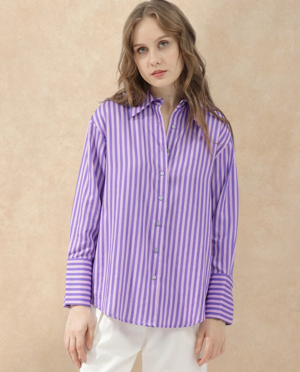 Rareism Women Runio Dusky Purple Polyester Fabric Full Sleeves Button Closure Shirt Collar Cuffed Sleeve Regular Fit Striped Shirt