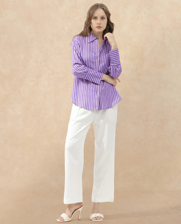Rareism Women Runio Dusky Purple Polyester Fabric Full Sleeves Button Closure Shirt Collar Cuffed Sleeve Regular Fit Striped Shirt