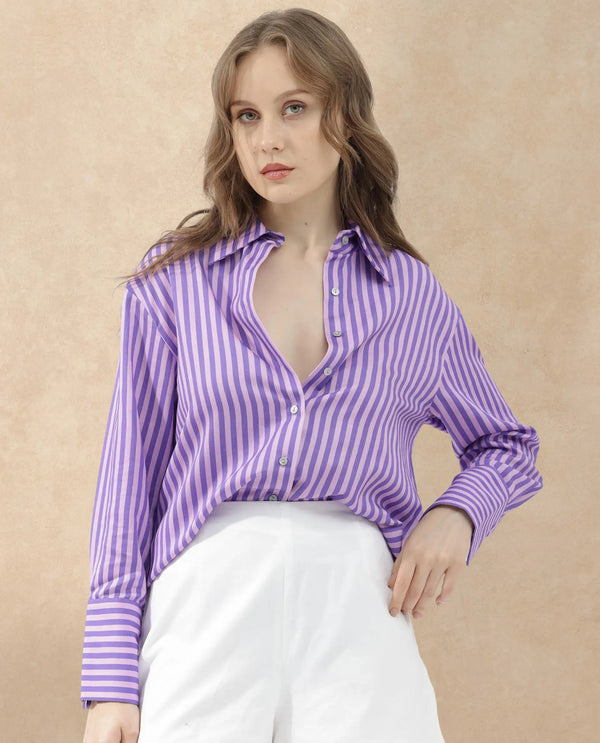 Rareism Women Runio Dusky Purple Polyester Fabric Full Sleeves Button Closure Shirt Collar Cuffed Sleeve Regular Fit Striped Shirt