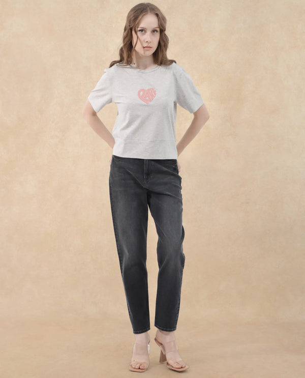 Rareism Women Runo Melange Grey Cotton Elastane Fabric Crew Neck Knit Solid T-Shirt