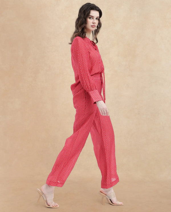 Rareism Women Rusha-B Red Rayon Nylon Fabric Regular Length Trouser