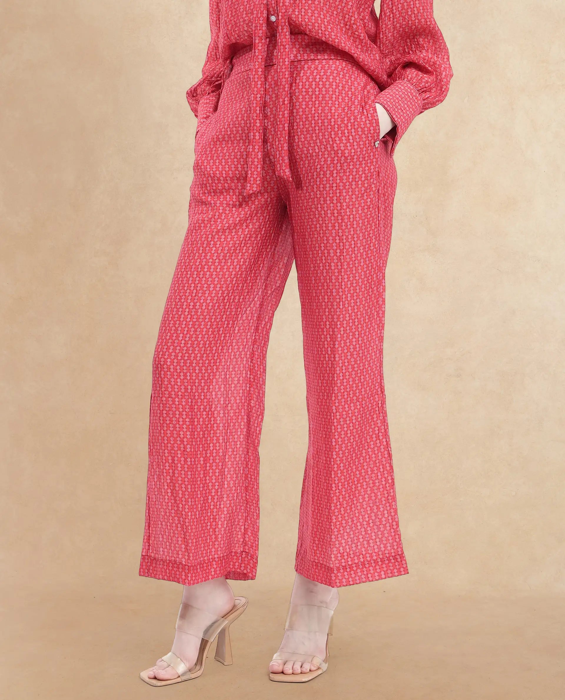 Rareism Women Rusha-B Red Rayon Nylon Fabric Regular Length Trouser