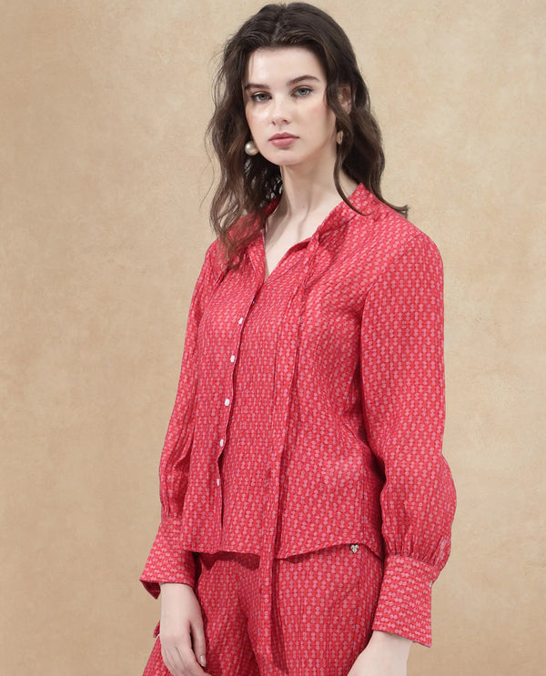 Rareism Women Rusha-T Red Rayon Nylon Fabric Regular Sleeves Collared Neck Abstract Print Regular Length Top