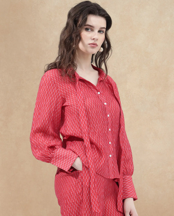Rareism Women Rusha-T Red Rayon Nylon Fabric Regular Sleeves Collared Neck Abstract Print Regular Length Top