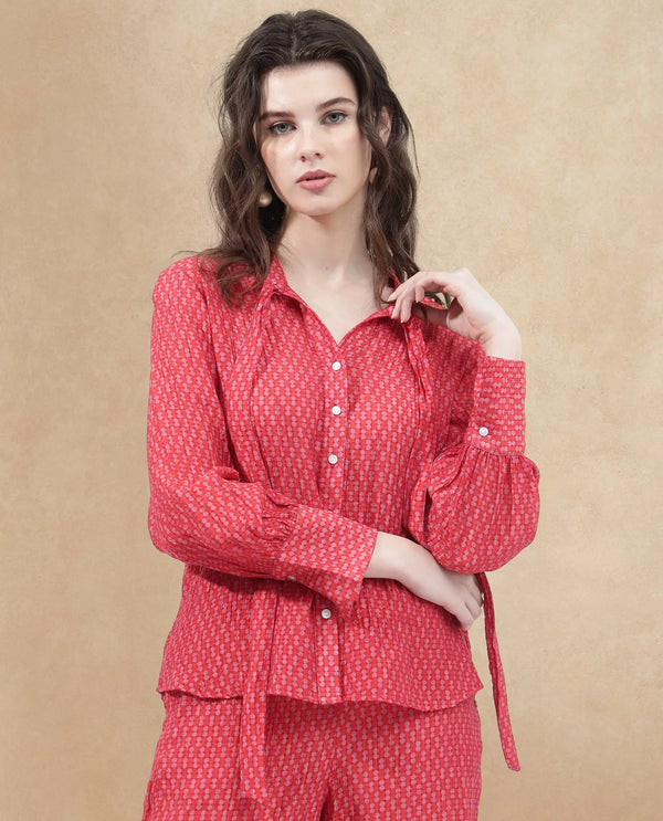 Rareism Women Rusha-T Red Rayon Nylon Fabric Regular Sleeves Collared Neck Abstract Print Regular Length Top
