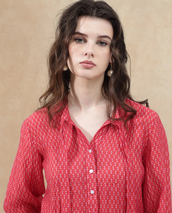 Rareism Women Rusha-T Red Rayon Nylon Fabric Regular Sleeves Collared Neck Abstract Print Regular Length Top