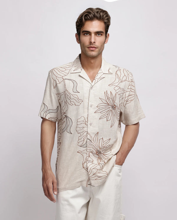 Rare Rabbit Men Rustel Khaki Viscose Fabric Half Sleeve Cuban Collar Button Closure Relaxed Fit Floral Print Shirt