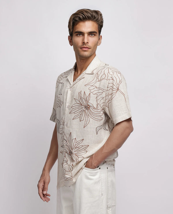 Rare Rabbit Men Rustel Khaki Viscose Fabric Half Sleeve Cuban Collar Button Closure Relaxed Fit Floral Print Shirt