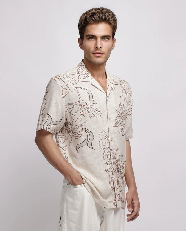 Rare Rabbit Men Rustel Khaki Viscose Fabric Half Sleeve Cuban Collar Button Closure Relaxed Fit Floral Print Shirt