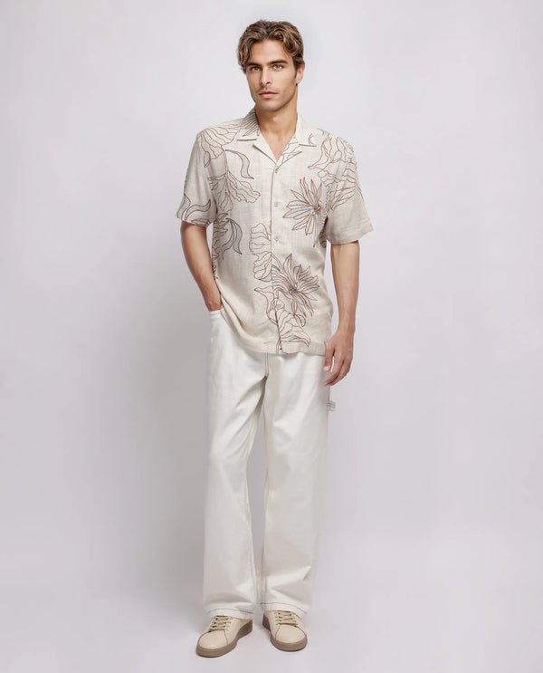 Rare Rabbit Men Rustel Khaki Viscose Fabric Half Sleeve Cuban Collar Button Closure Relaxed Fit Floral Print Shirt
