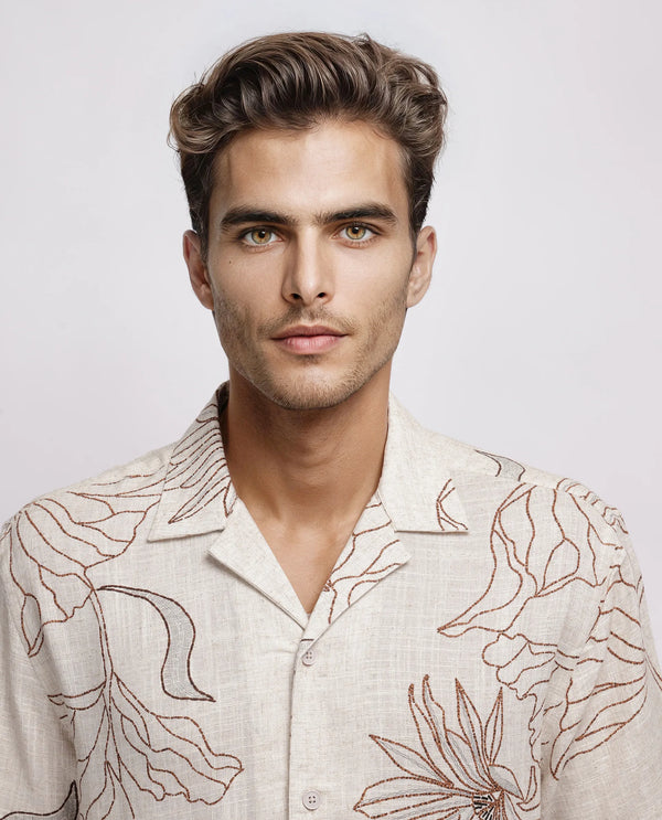 Rare Rabbit Men Rustel Khaki Viscose Fabric Half Sleeve Cuban Collar Button Closure Relaxed Fit Floral Print Shirt
