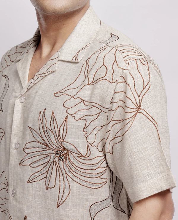 Rare Rabbit Men Rustel Khaki Viscose Fabric Half Sleeve Cuban Collar Button Closure Relaxed Fit Floral Print Shirt