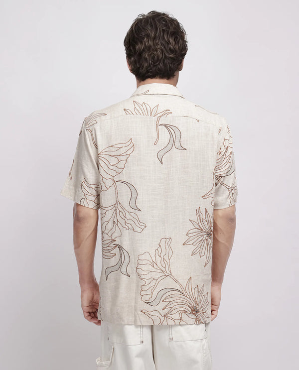 Rare Rabbit Men Rustel Khaki Viscose Fabric Half Sleeve Cuban Collar Button Closure Relaxed Fit Floral Print Shirt