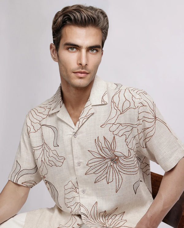 Rare Rabbit Men Rustel Khaki Viscose Fabric Half Sleeve Cuban Collar Button Closure Relaxed Fit Floral Print Shirt