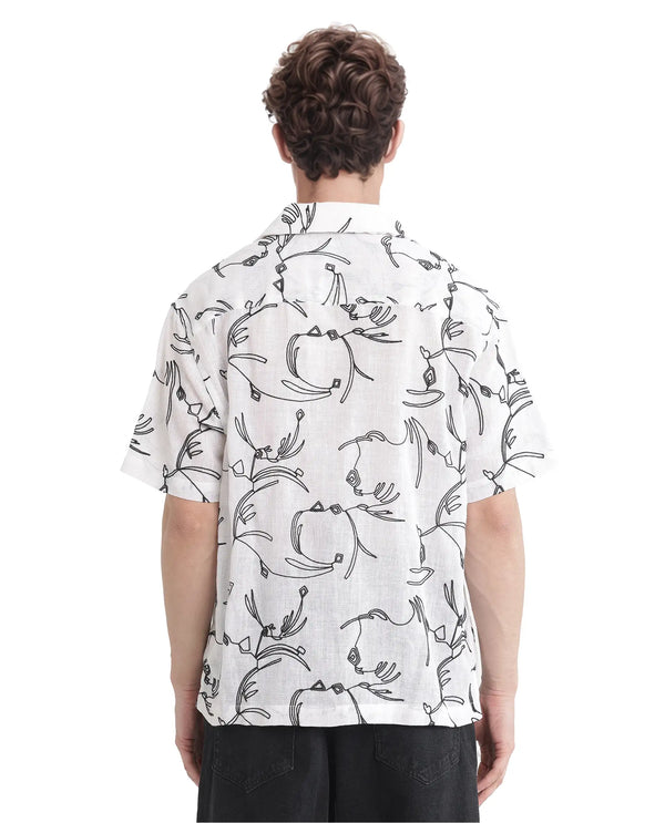 Rare Rabbit Men's Rus White Cotton Fabric Short Sleeve Collared Neck Button Closure Embroidered Shirt