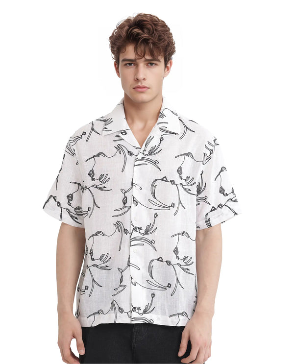 Rare Rabbit Men's Rus White Cotton Fabric Short Sleeve Collared Neck Button Closure Embroidered Shirt