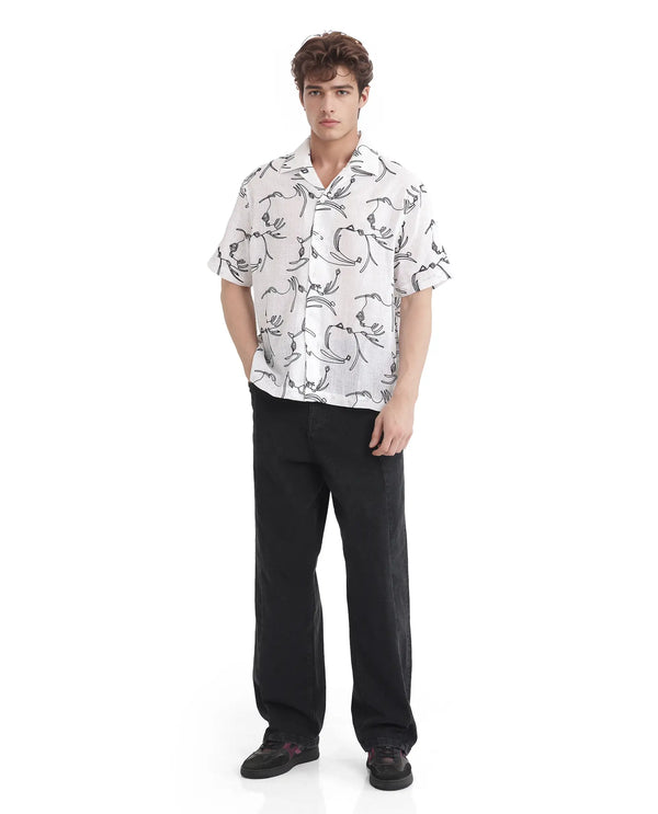 Rare Rabbit Men's Rus White Cotton Fabric Short Sleeve Collared Neck Button Closure Embroidered Shirt