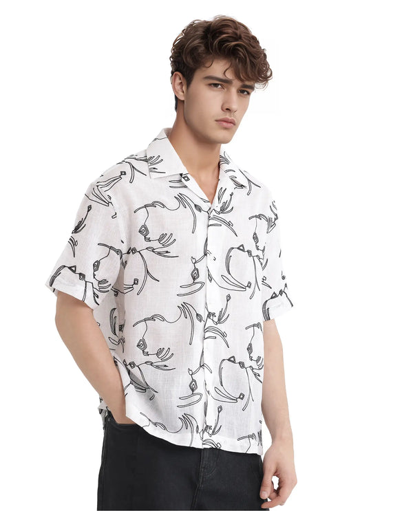 Rare Rabbit Men's Rus White Cotton Fabric Short Sleeve Collared Neck Button Closure Embroidered Shirt