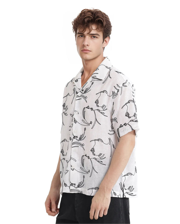 Rare Rabbit Men's Rus White Cotton Fabric Short Sleeve Collared Neck Button Closure Embroidered Shirt