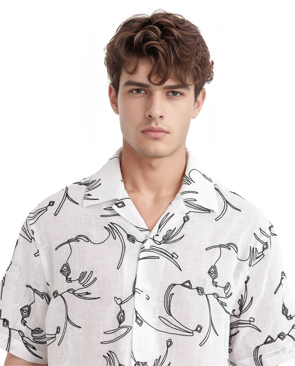 Rare Rabbit Men's Rus White Cotton Fabric Short Sleeve Collared Neck Button Closure Embroidered Shirt
