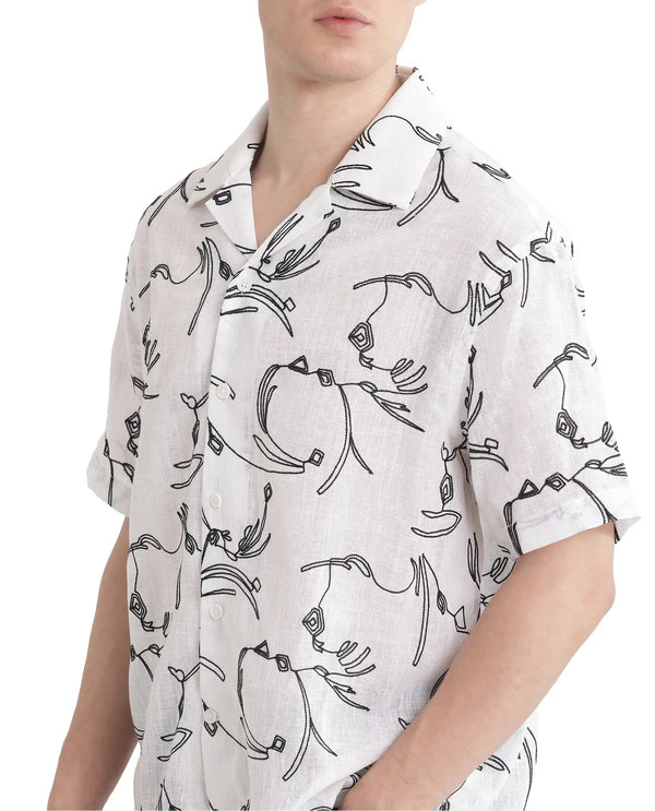 Rare Rabbit Men's Rus White Cotton Fabric Short Sleeve Collared Neck Button Closure Embroidered Shirt