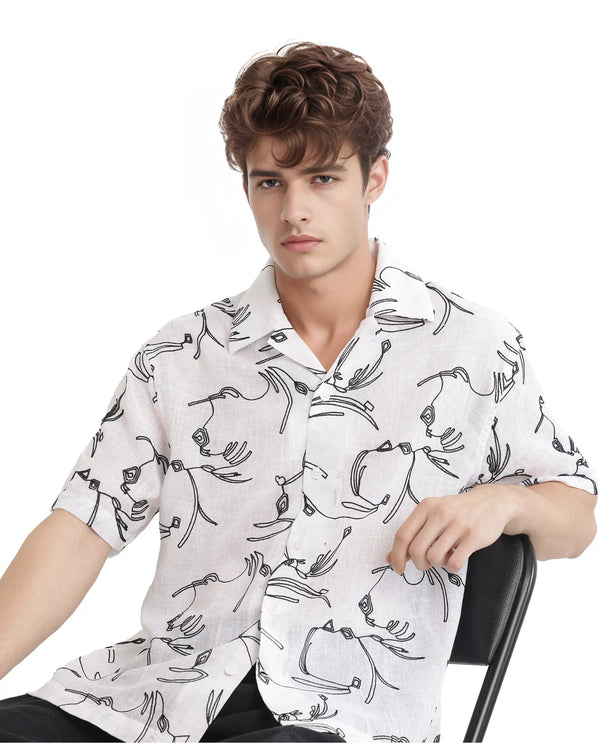 Rare Rabbit Men's Rus White Cotton Fabric Short Sleeve Collared Neck Button Closure Embroidered Shirt