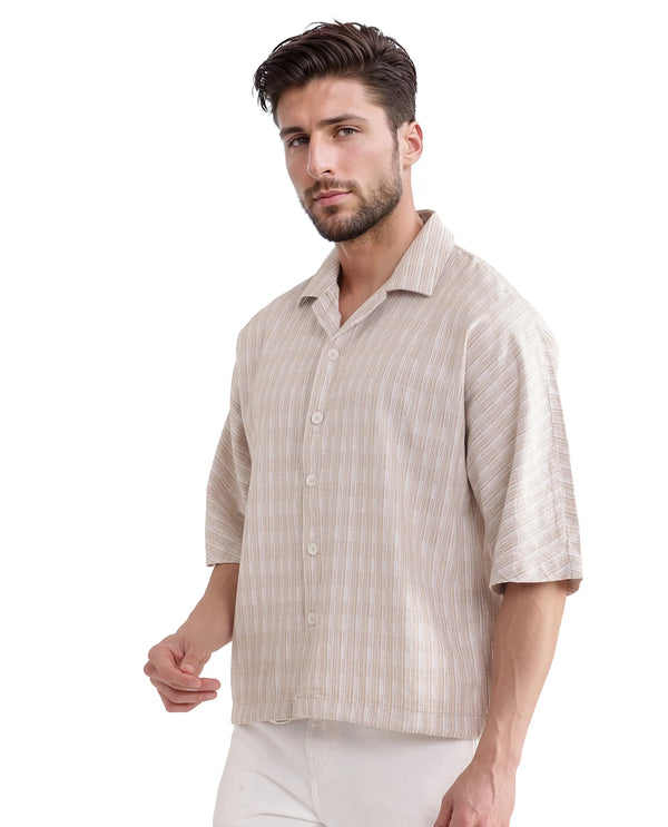 Rare Rabbit Men's Ruto Light Beige Cotton Fabric Short Sleeve Cuban Collared Button Closure Textured Stripe Shirt