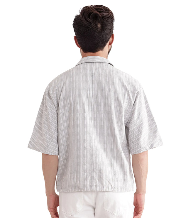 Rare Rabbit Men's Ruto Light Grey Cotton Fabric Short Sleeve Cuban Collared Button Closure Textured Stripe Shirt