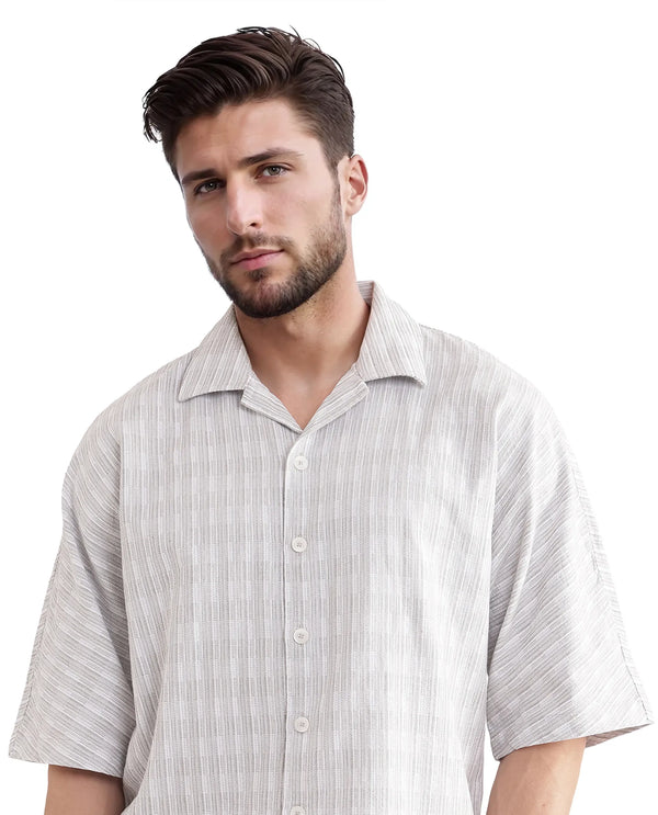 Rare Rabbit Men's Ruto Light Grey Cotton Fabric Short Sleeve Cuban Collared Button Closure Textured Stripe Shirt