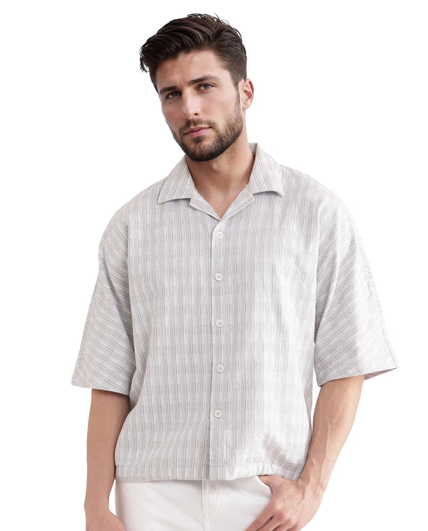 Rare Rabbit Men's Ruto Light Grey Cotton Fabric Short Sleeve Cuban Collared Button Closure Textured Stripe Shirt
