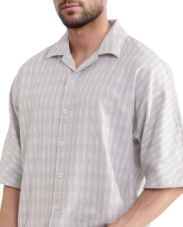 Rare Rabbit Men's Ruto Light Grey Cotton Fabric Short Sleeve Cuban Collared Button Closure Textured Stripe Shirt