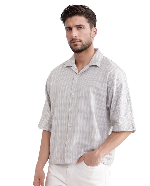 Rare Rabbit Men's Ruto Light Grey Cotton Fabric Short Sleeve Cuban Collared Button Closure Textured Stripe Shirt