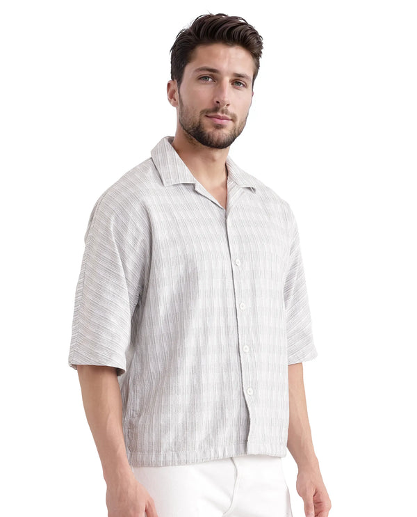 Rare Rabbit Men's Ruto Light Grey Cotton Fabric Short Sleeve Cuban Collared Button Closure Textured Stripe Shirt