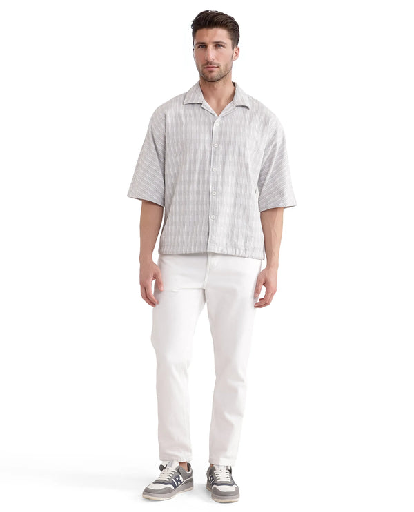Rare Rabbit Men's Ruto Light Grey Cotton Fabric Short Sleeve Cuban Collared Button Closure Textured Stripe Shirt