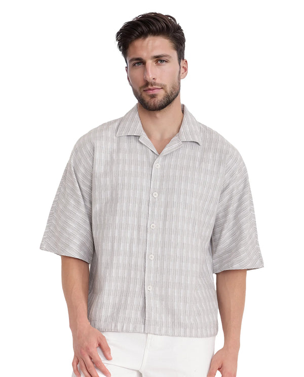 Rare Rabbit Men's Ruto Light Grey Cotton Fabric Short Sleeve Cuban Collared Button Closure Textured Stripe Shirt