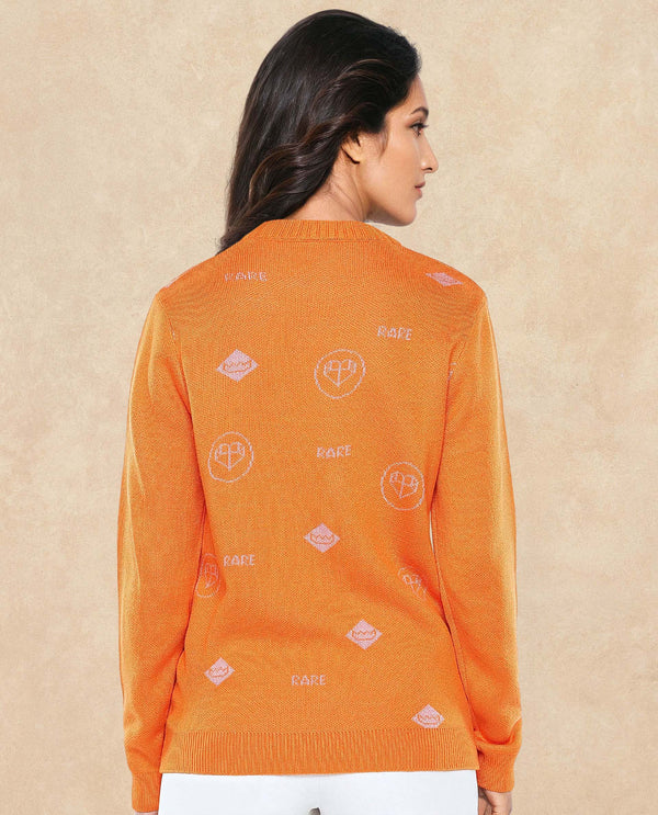 Rareism Women Ruto Orange Relaxed Fit Plain Sweater