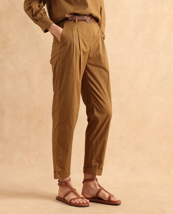 Rareism Women Ruvz Olive Cotton Blend Fabric Button Closure Straight Fit Ankle Length Plain Trouser